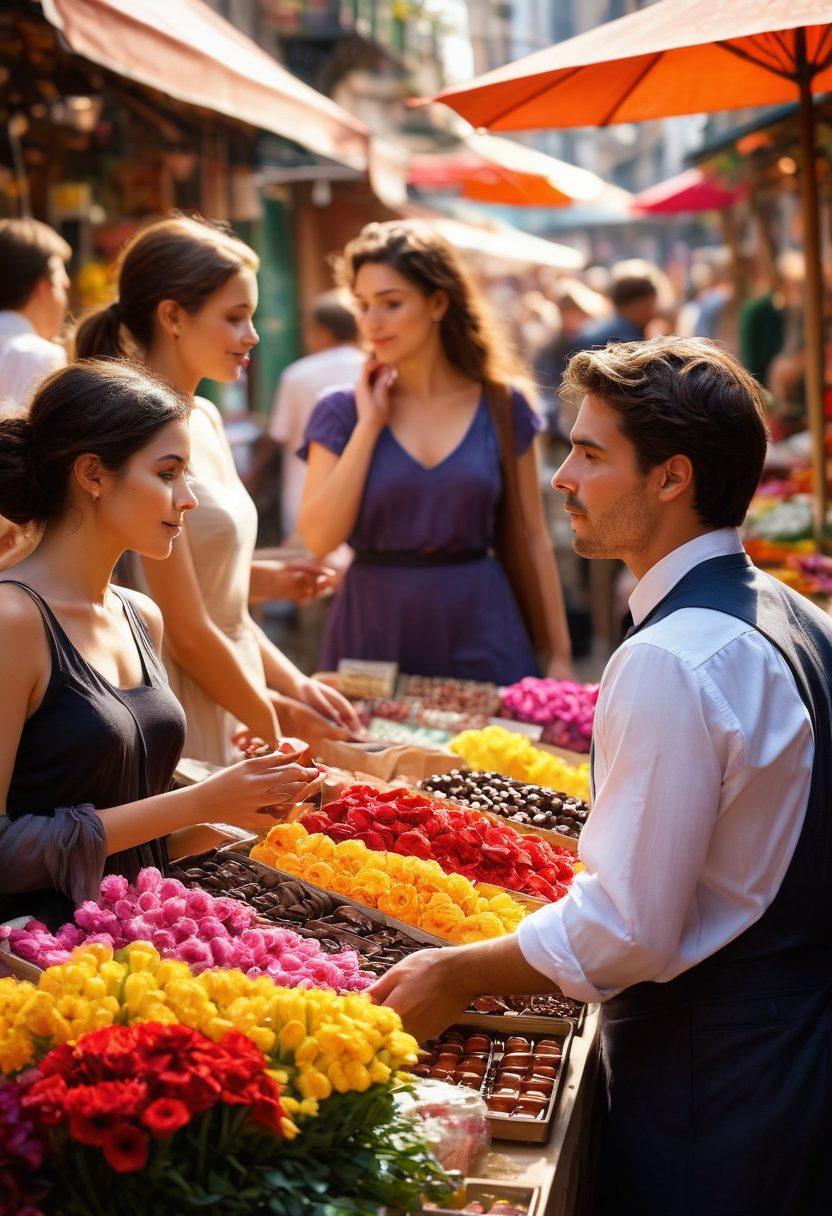 A sensual and captivating scene depicting a diverse group of people engaged in passionate conversations in a bustling market setting. Include hints of flowers, chocolates, and art supplies to symbolize affection and creativity. The overall mood should blend warmth and intrigue, with soft shadows and vibrant colors enhancing the atmosphere. Emphasize the connections between individuals and their surroundings. Impressionistic style. vibrant colors. elegant composition.