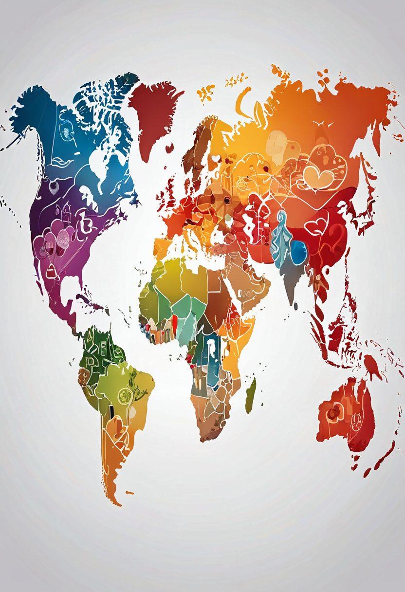 A vibrant collage showcasing a world map intertwined with symbols of affection like hearts and embraces, blended with images of trade such as cargo ships and shopping carts. Illustrate the duality of intimacy and commerce through contrasting warm colors for affection and cool colors for trade elements. Include people from diverse cultures exchanging gifts and commodities, symbolizing global connection. super-realistic. harmonious color palette. white background.