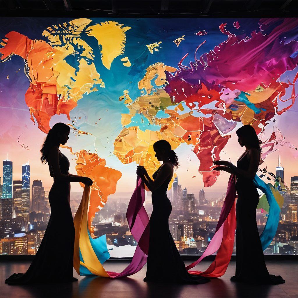 A captivating scene depicting a global map entwined with sensual, flowing ribbons of fabric, representing supply chains. Delicate silhouettes of diverse individuals passionately exchanging goods, symbolizing international trade intertwined with desire. A backdrop of vibrant city skylines that blend with lush landscapes, evoking both industrial and natural beauty. Subtle hints of seduction through soft lighting and rich textures. super-realistic. vibrant colors. creative fusion.